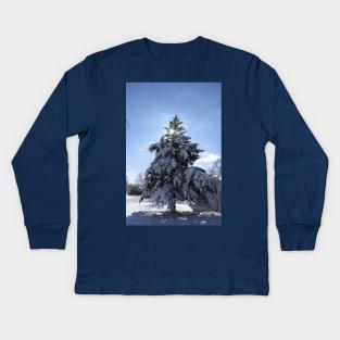 Snowy Evergreen tree with a Star Kids Long Sleeve T-Shirt